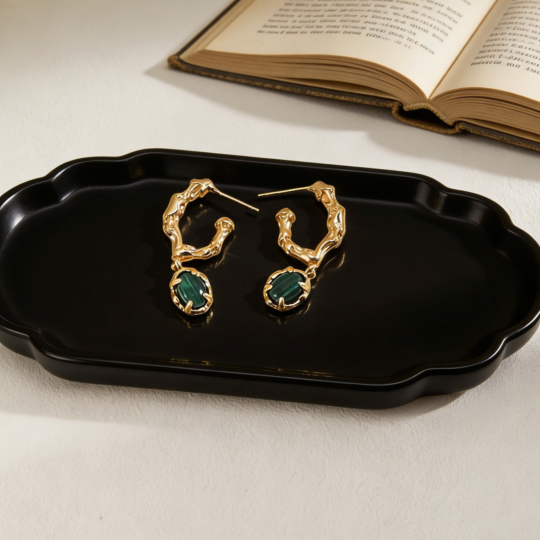 Vintage Textured Gold Hoop Earrings with Malachite Drop