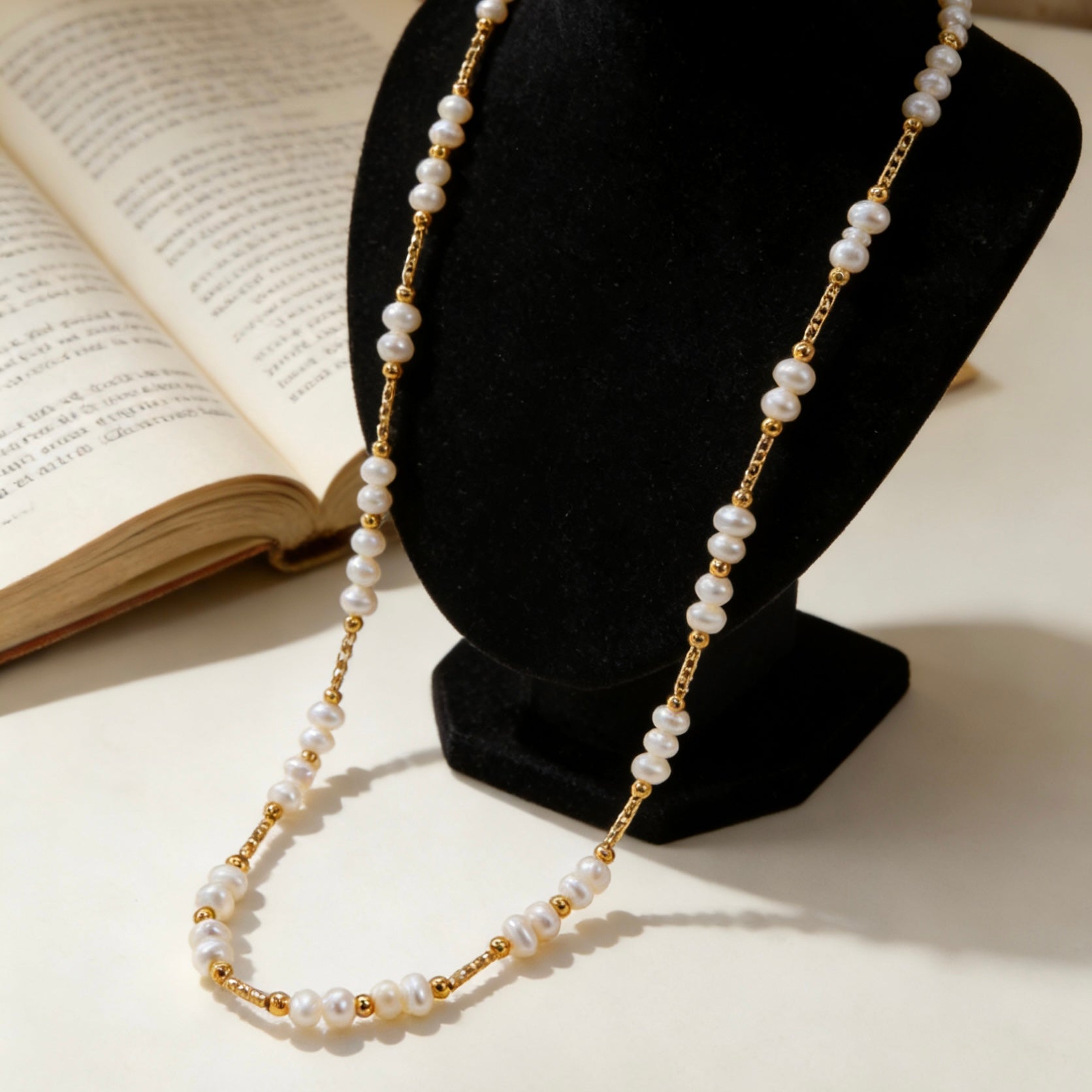 Vintage Glow Dainty Gold & Pearl Beaded Necklace