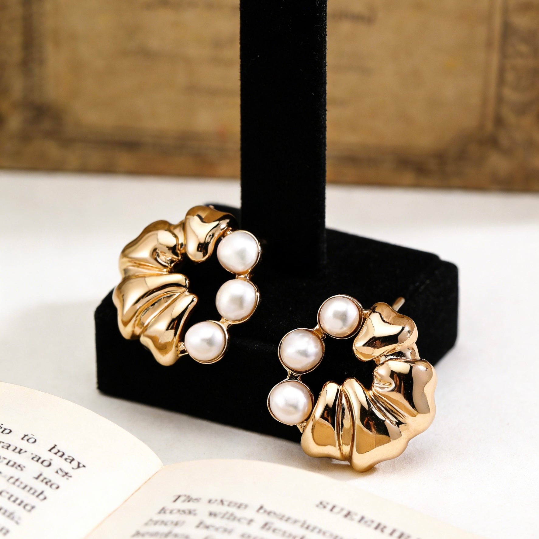 Vintage Scrunchie-Inspired Gold & Pearl Hoop Earrings