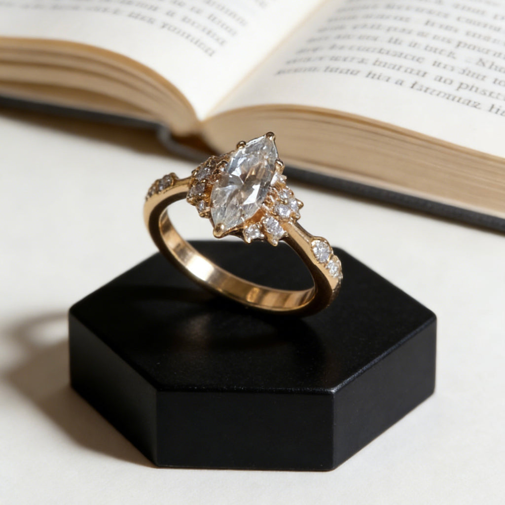 Marquise Cut High Carbon Diamond Cluster Ring