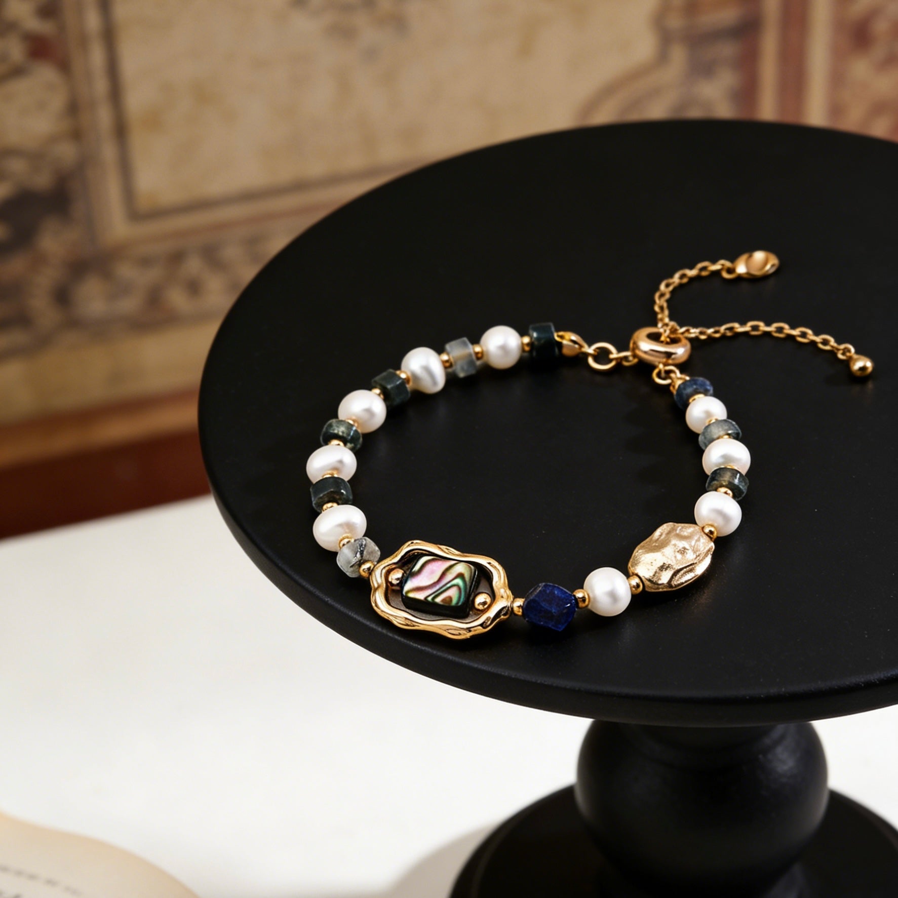 Vintage Lapis Lazuli & Freshwater Pearl S925 Silver Bracelet