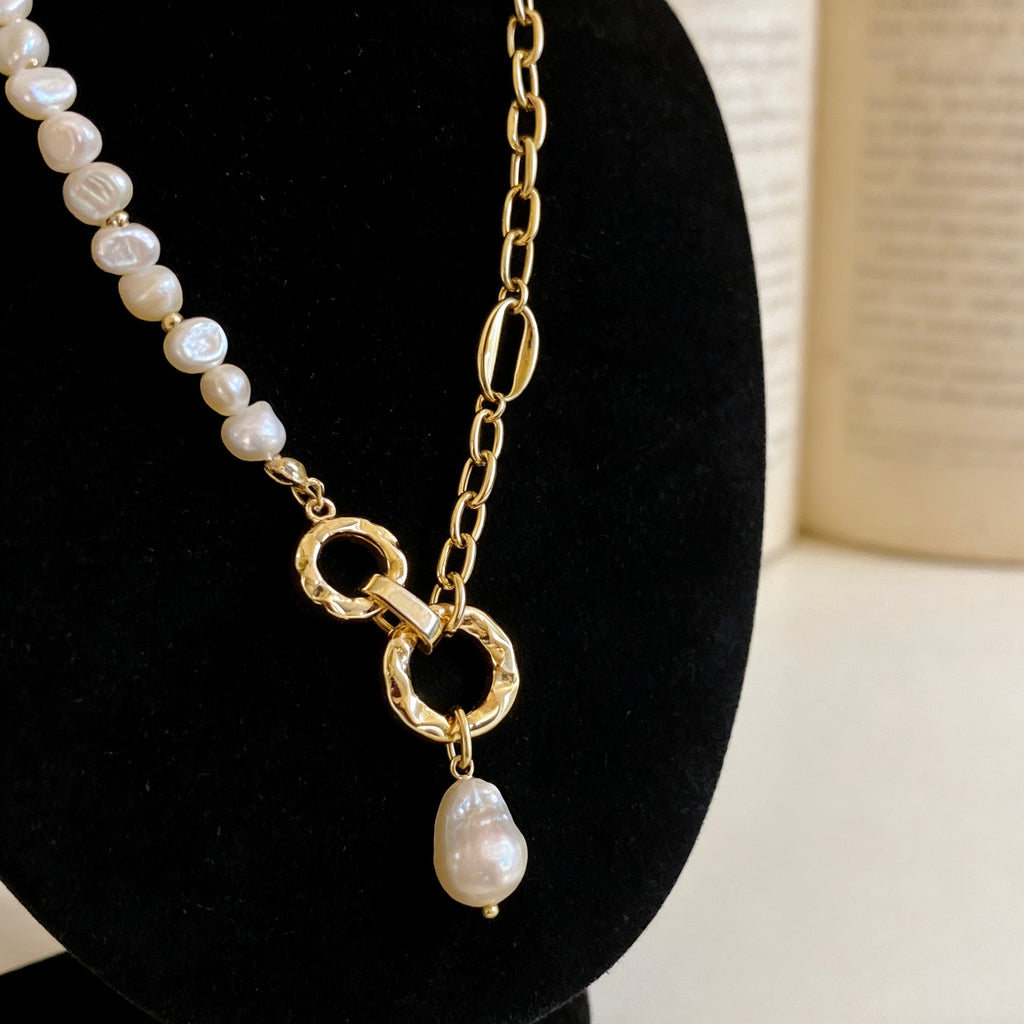 Asymmetrical Baroque Pearl & Gold Link Choker Necklace