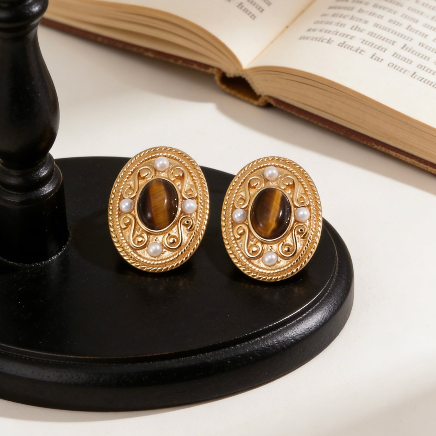 Vintage Gold Filigree Tiger Eye & Natural Pearl Stud Earrings