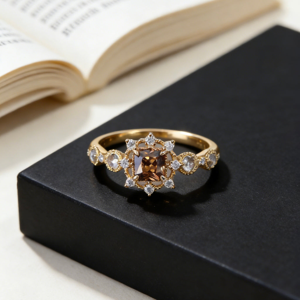 Vintage Champagne Sugar Cube Gold-Plated Zircon Ring