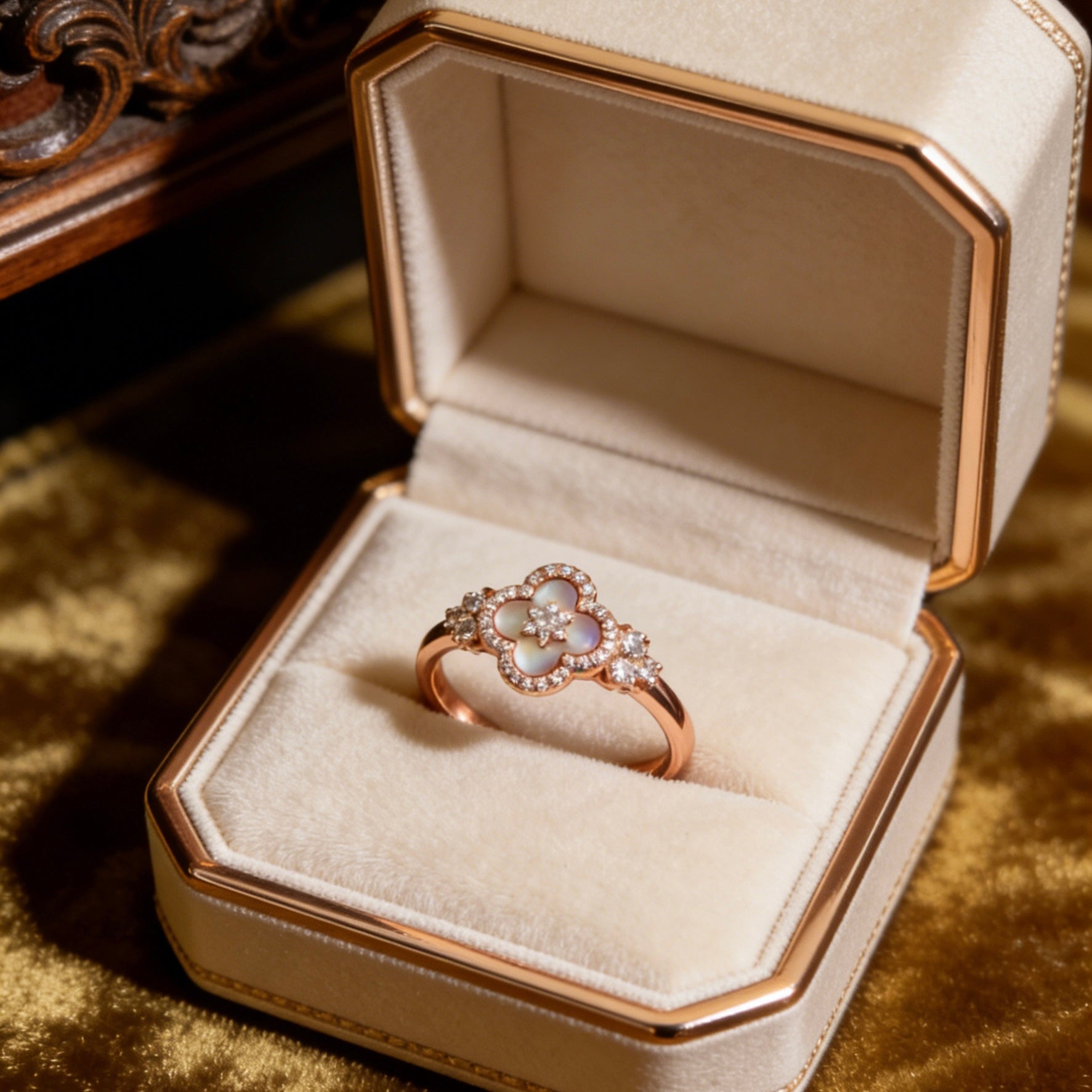 Lucky Clover Pink Mother-of-Pearl & Zircon Rose Gold Ring