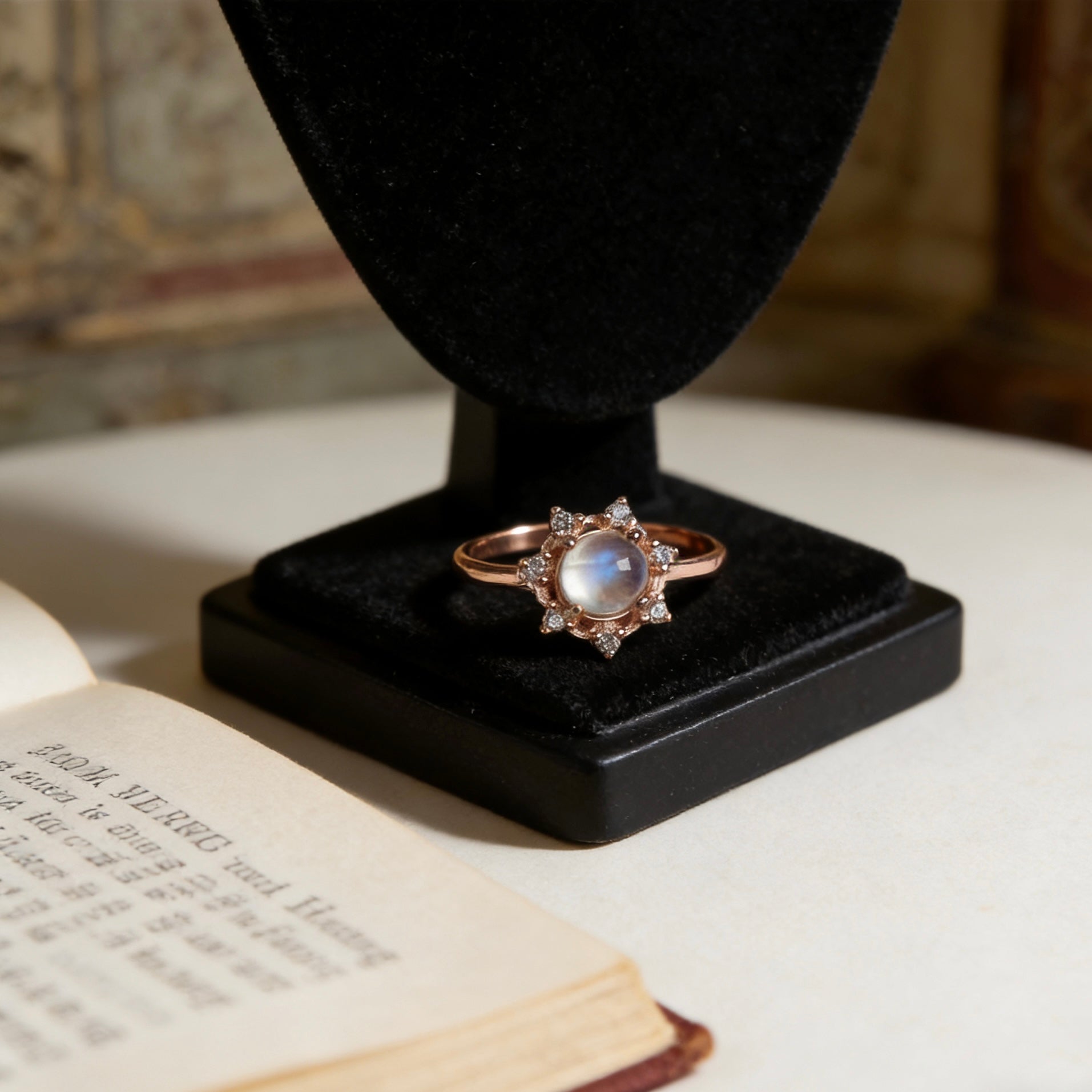 Natural Moonstone Snowflake Halo Open Ring