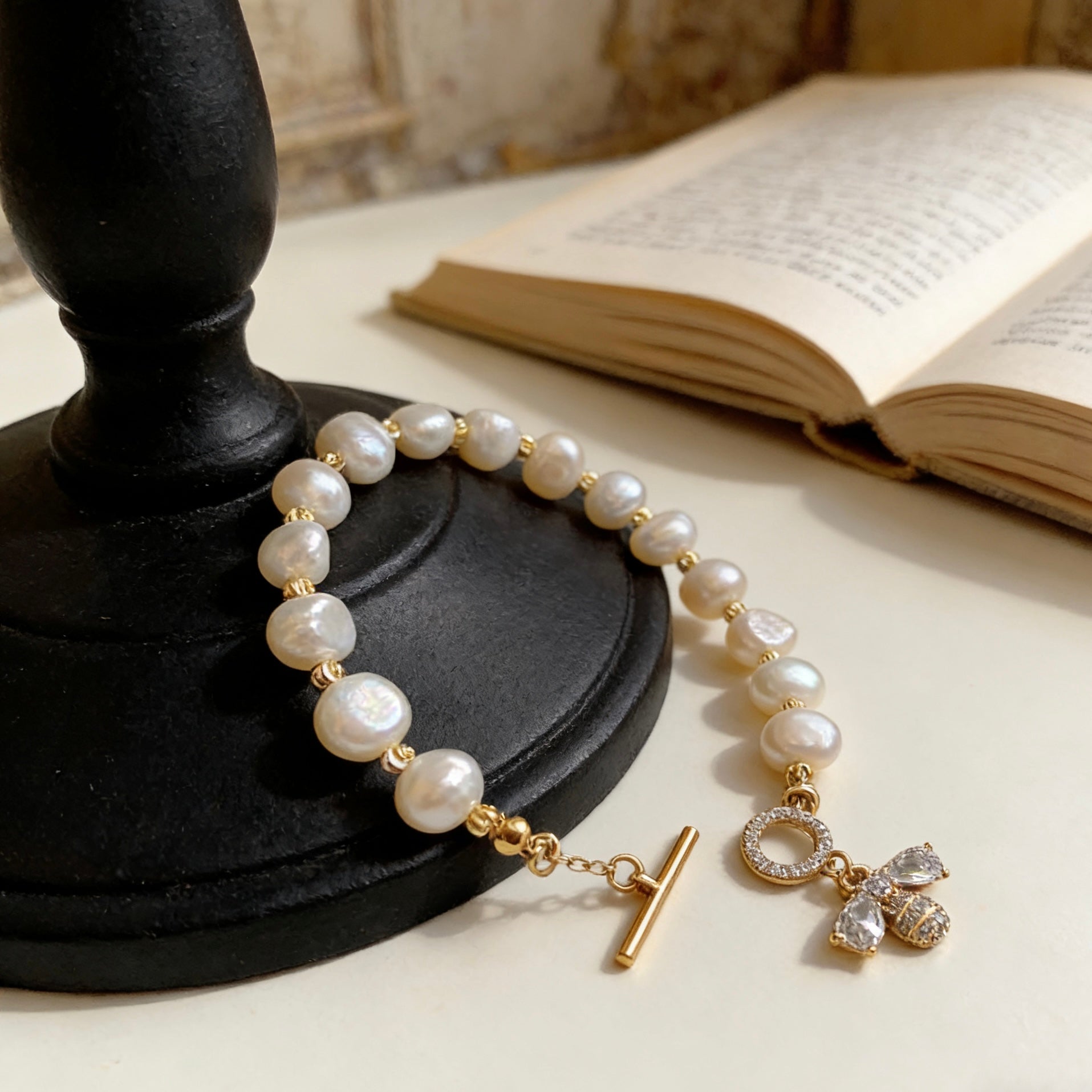 Dainty Baroque Freshwater Pearl Bracelet with Zircon-Encrusted Bee Charm