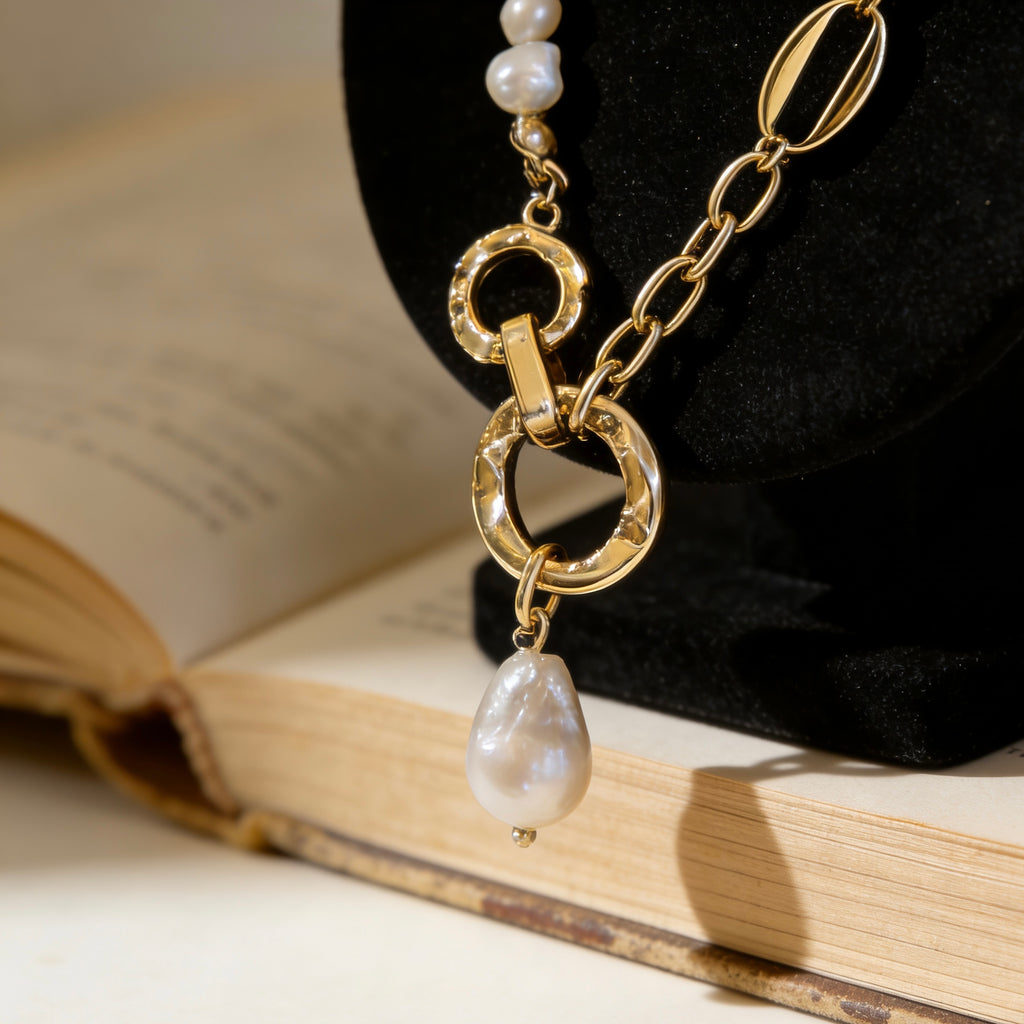 Asymmetrical Baroque Pearl & Gold Link Choker Necklace