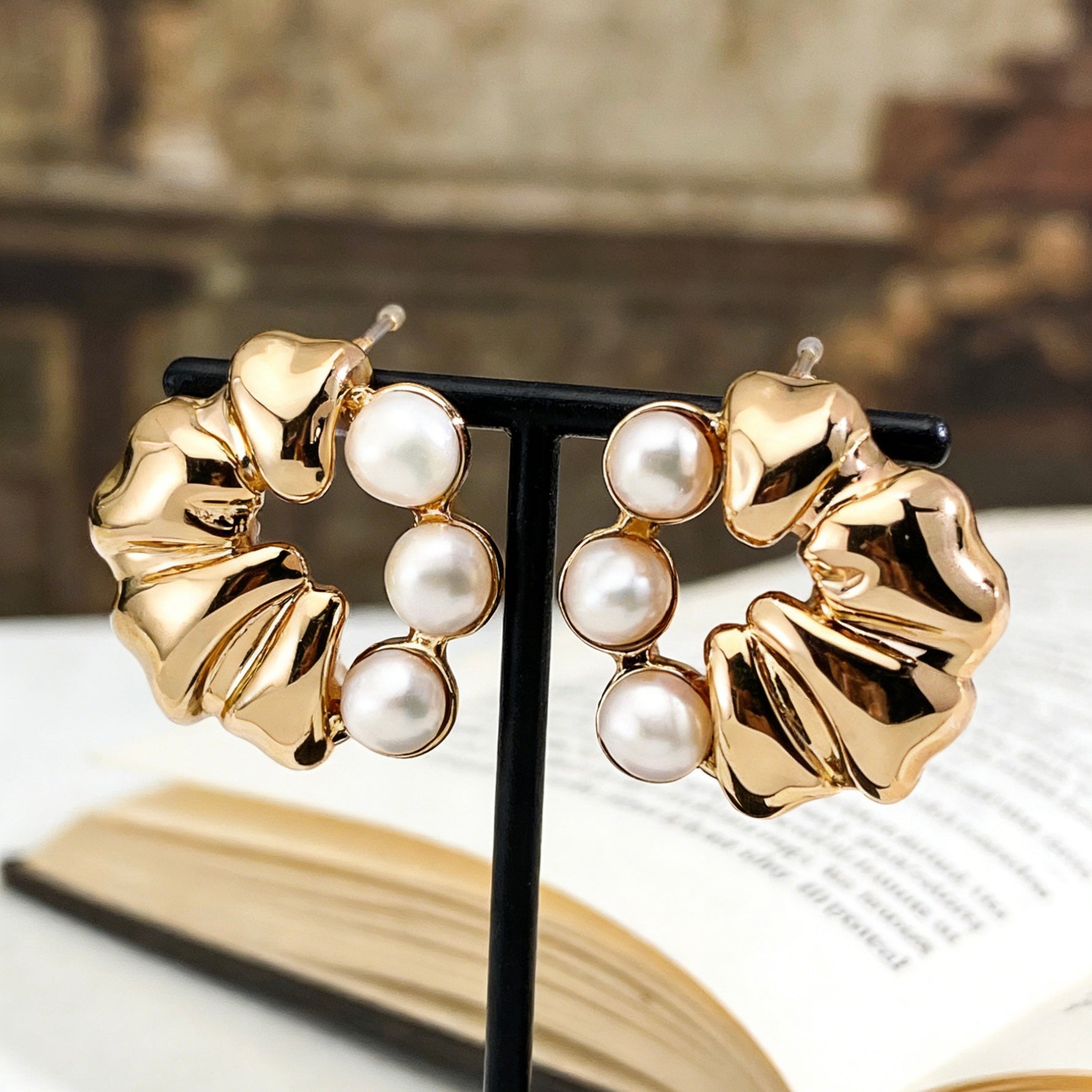 Vintage Scrunchie-Inspired Gold & Pearl Hoop Earrings
