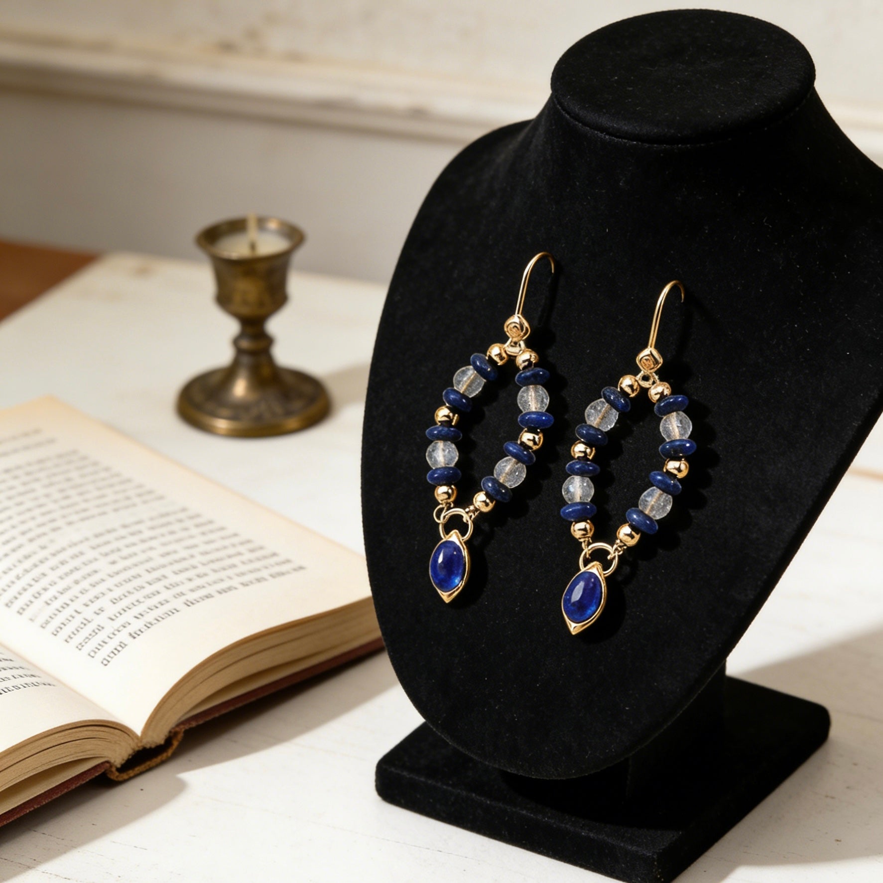 Vintage Lapis Lazuli & Gray Moonstone Dangle Earrings