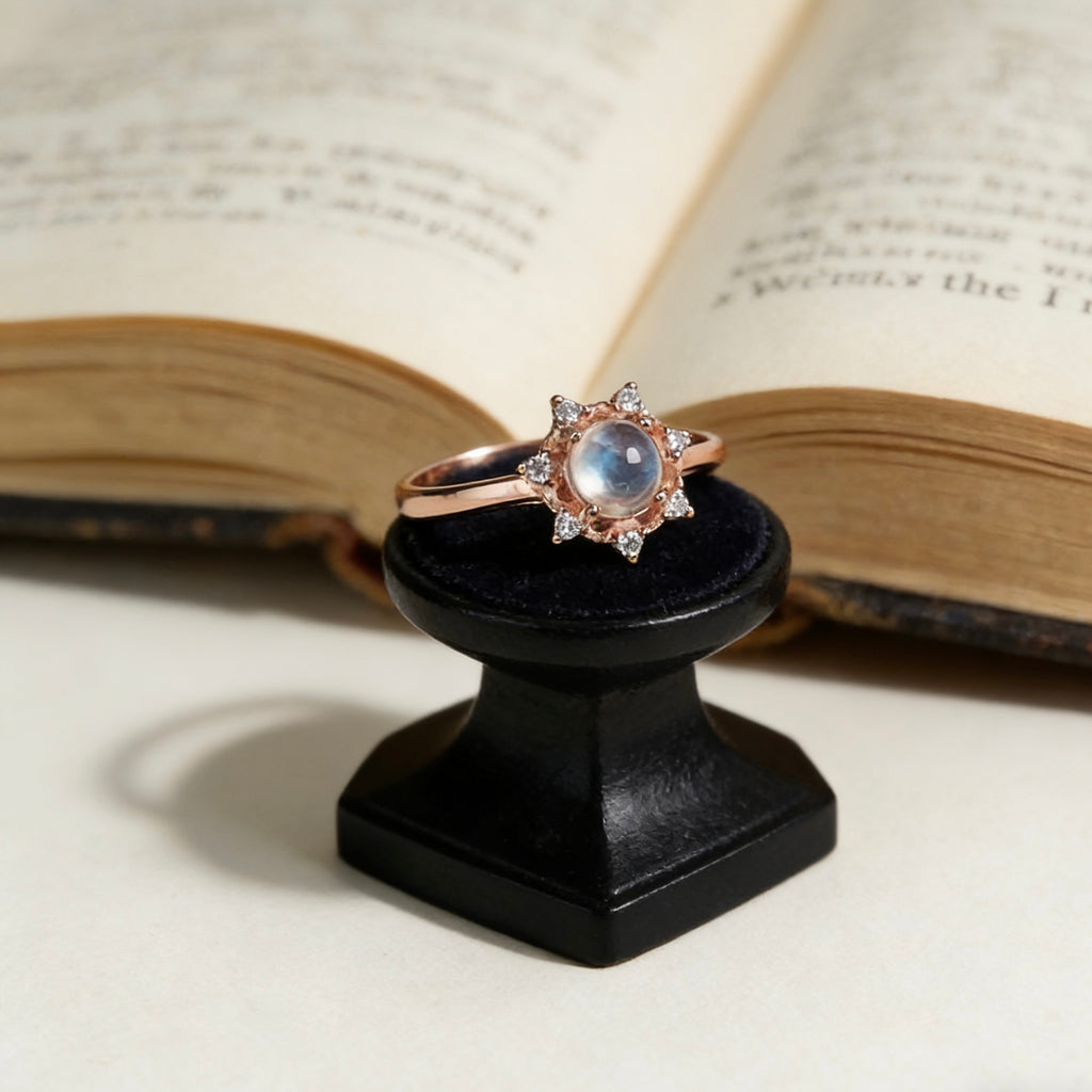 Natural Moonstone Snowflake Halo Open Ring