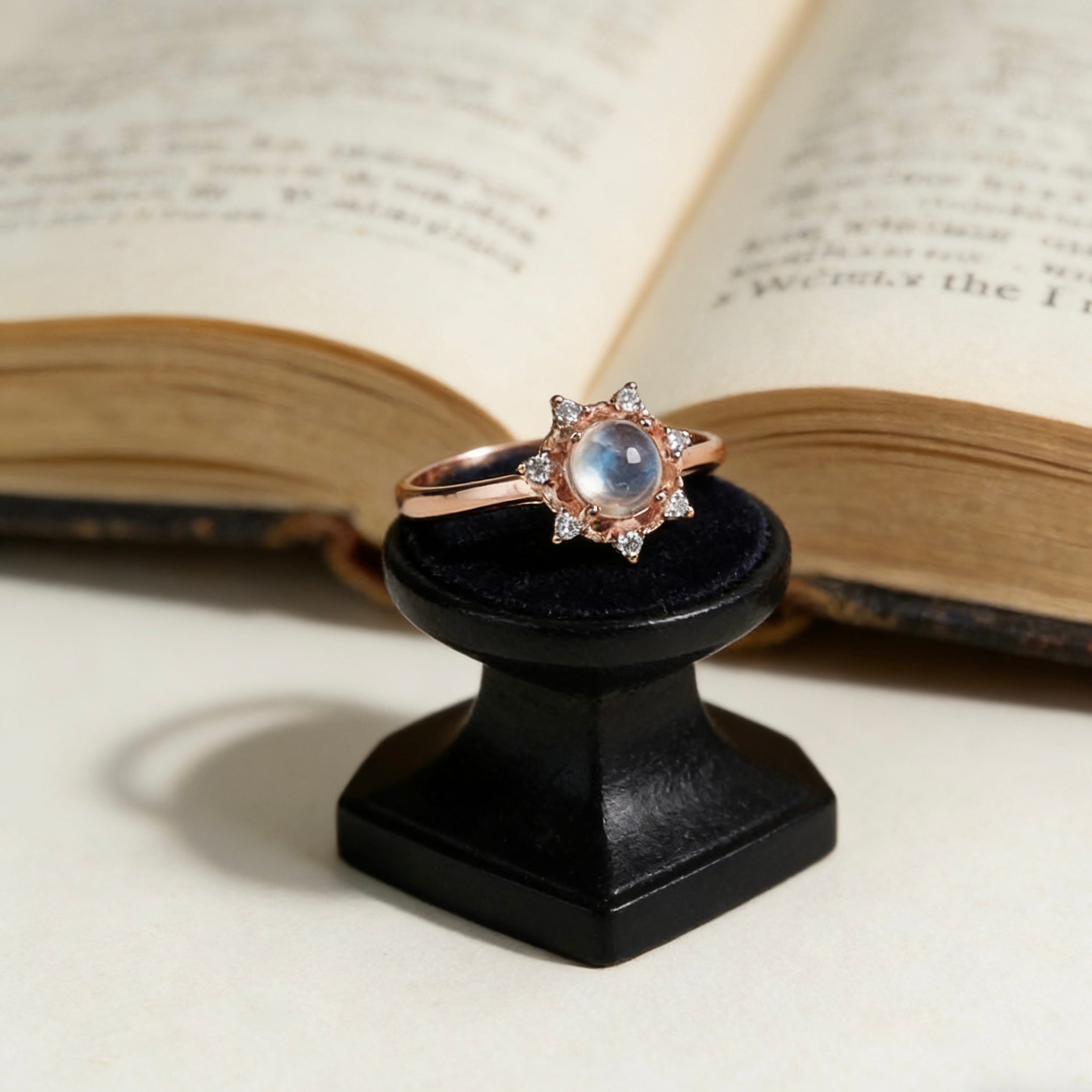 Natural Moonstone Snowflake Halo Open Ring