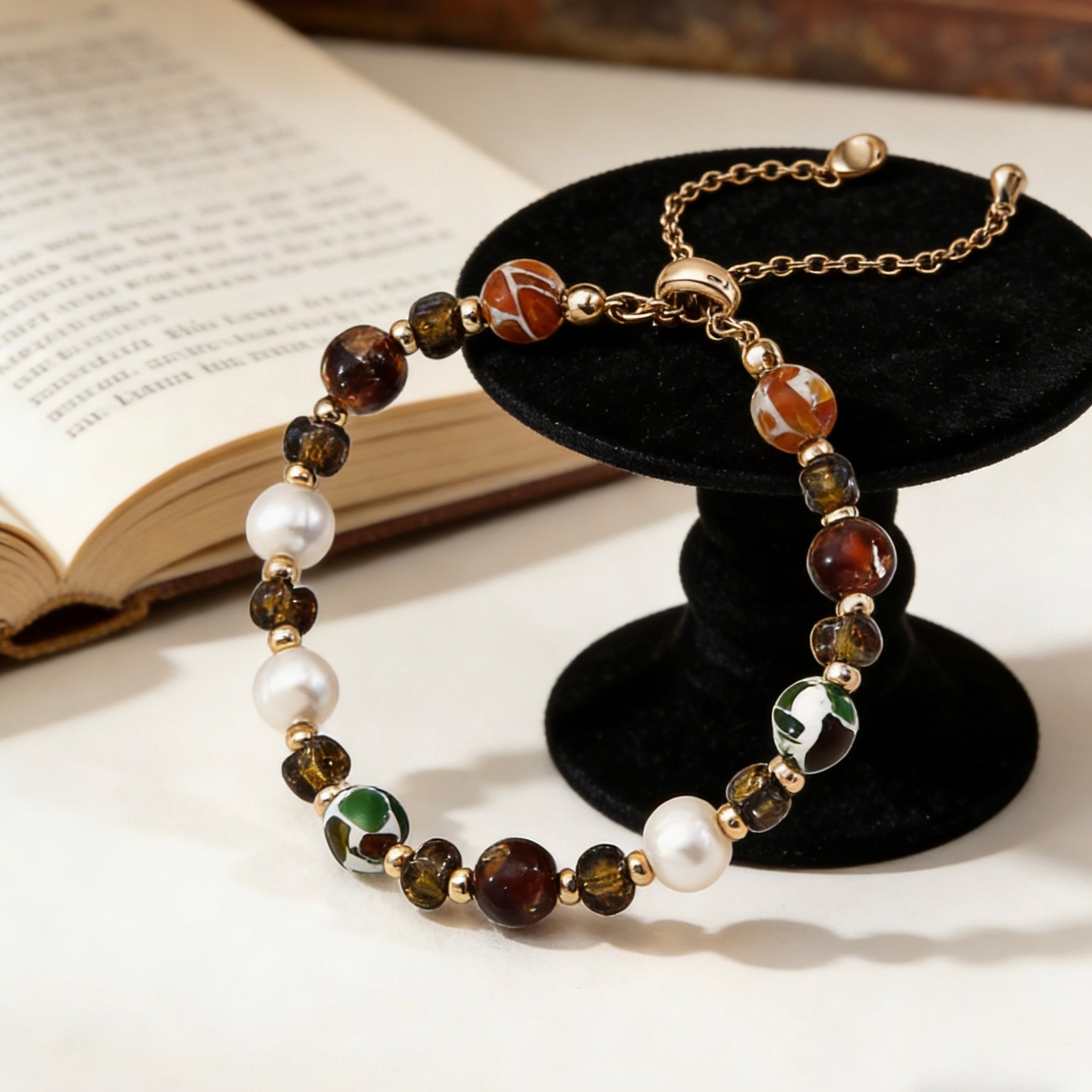 Autumn Glow Iridescent Lampwork Glass & Freshwater Pearl Bracelet