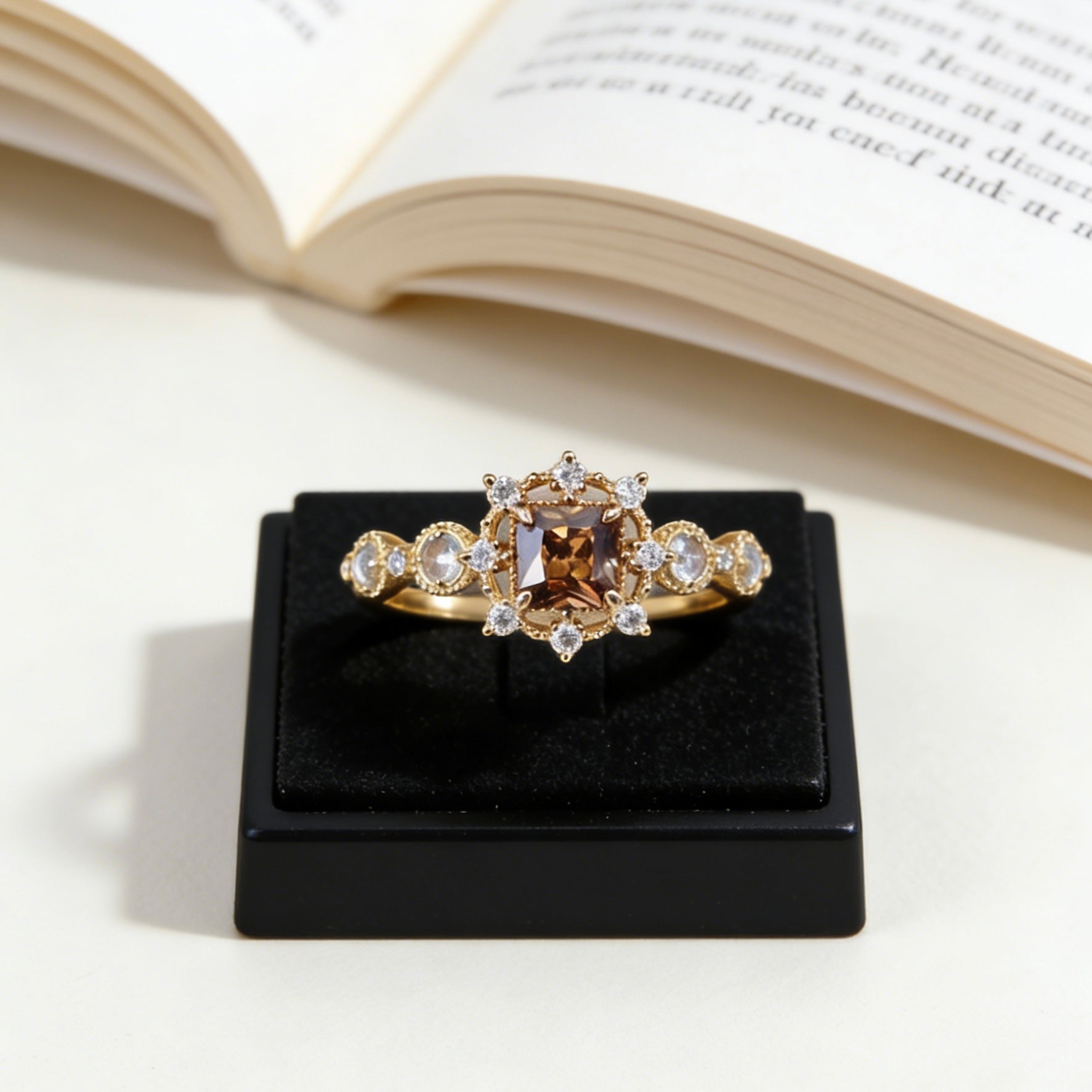 Vintage Champagne Sugar Cube Gold-Plated Zircon Ring