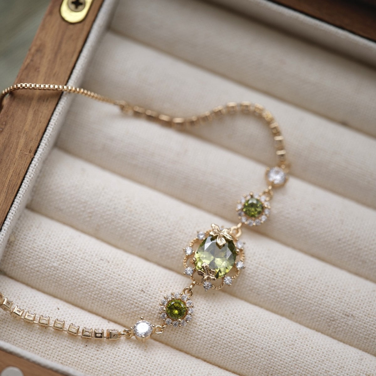 Autumn Whisper Olive Green Crystal Maple Leaf Bracelet