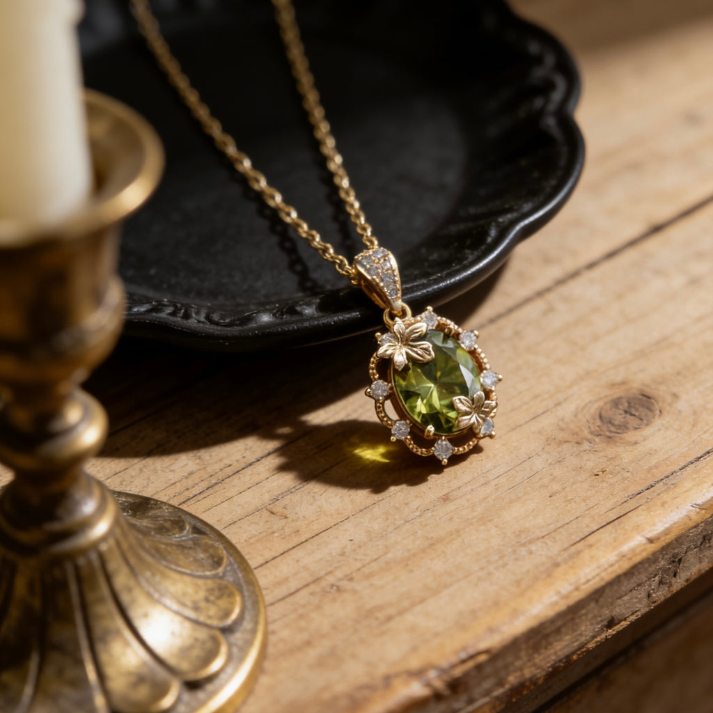 Autumn Whisper Olive Green Crystal Maple Leaf Necklace