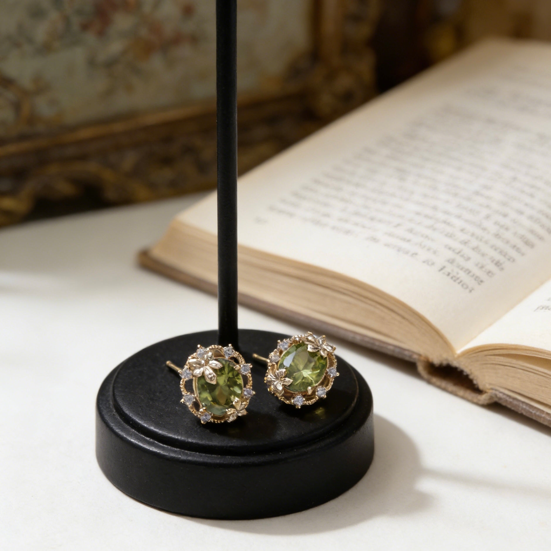 Autumn Whisper Olive Green Crystal Maple Leaf Stud Earrings