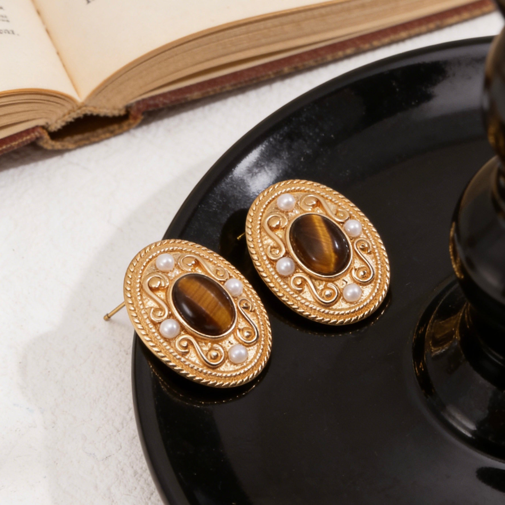 Vintage Gold Filigree Tiger Eye & Natural Pearl Stud Earrings