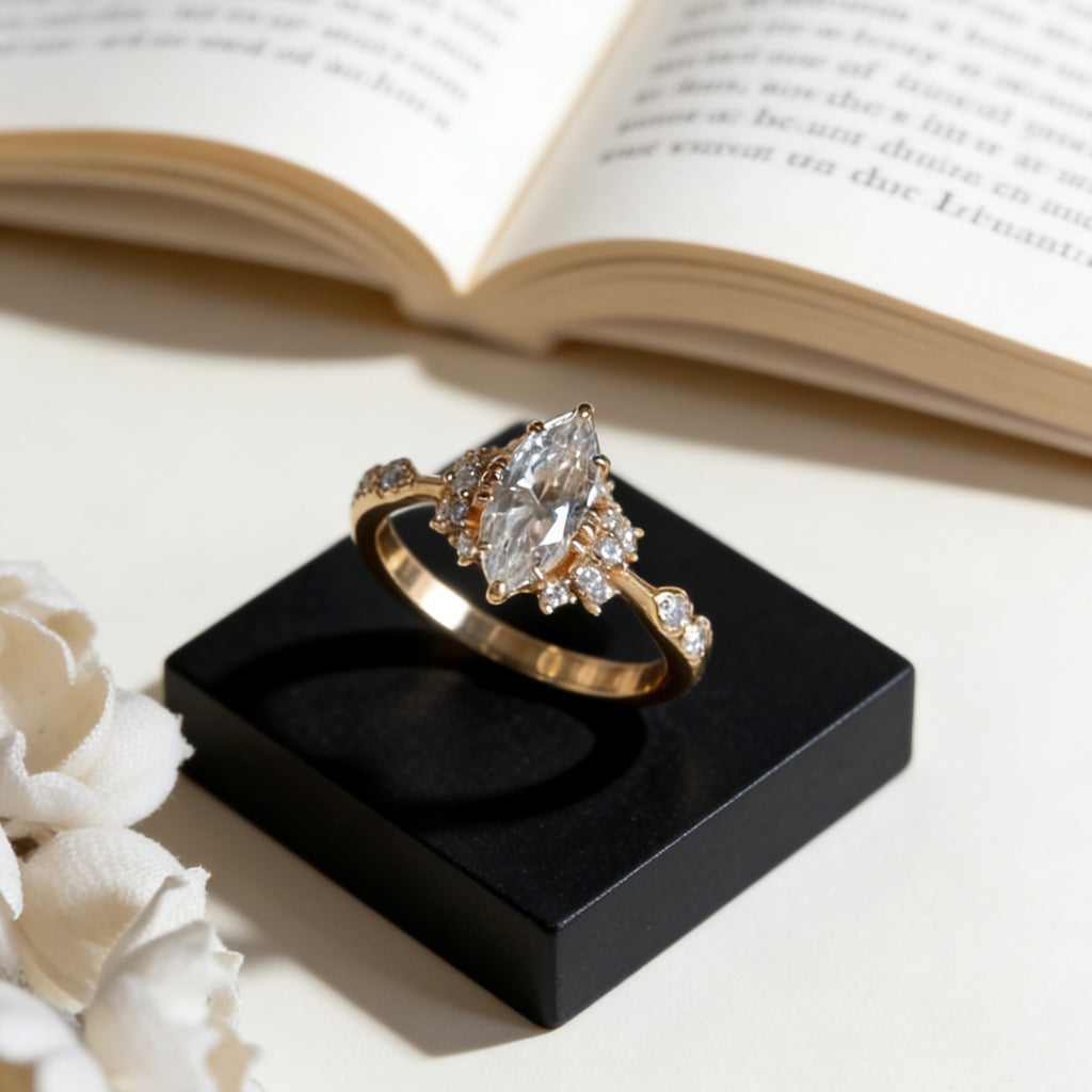 Marquise Cut High Carbon Diamond Cluster Ring