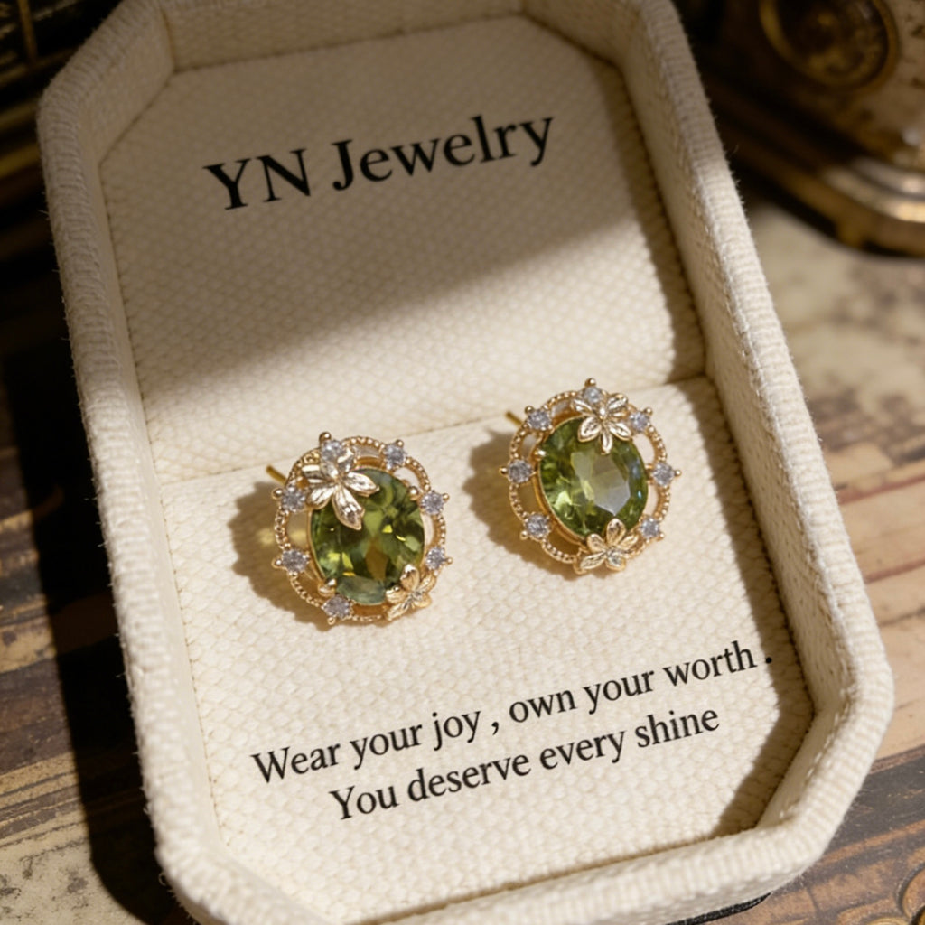 Autumn Whisper Olive Green Crystal Maple Leaf Stud Earrings