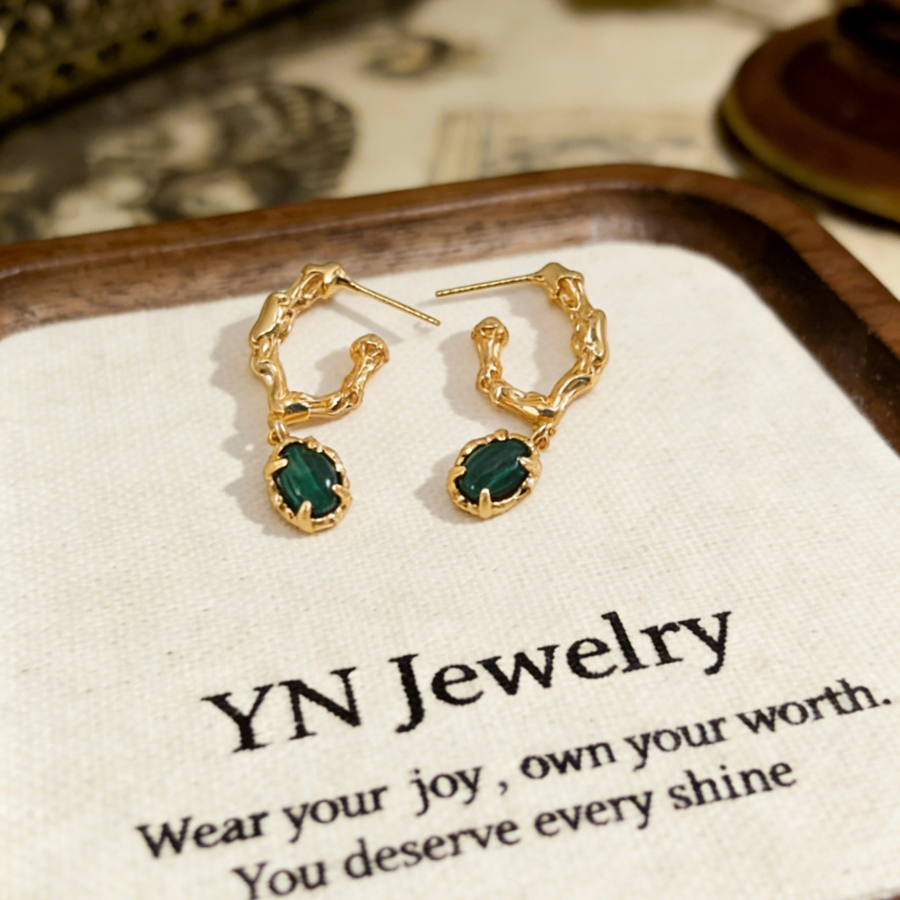 Vintage Textured Gold Hoop Earrings with Malachite Drop
