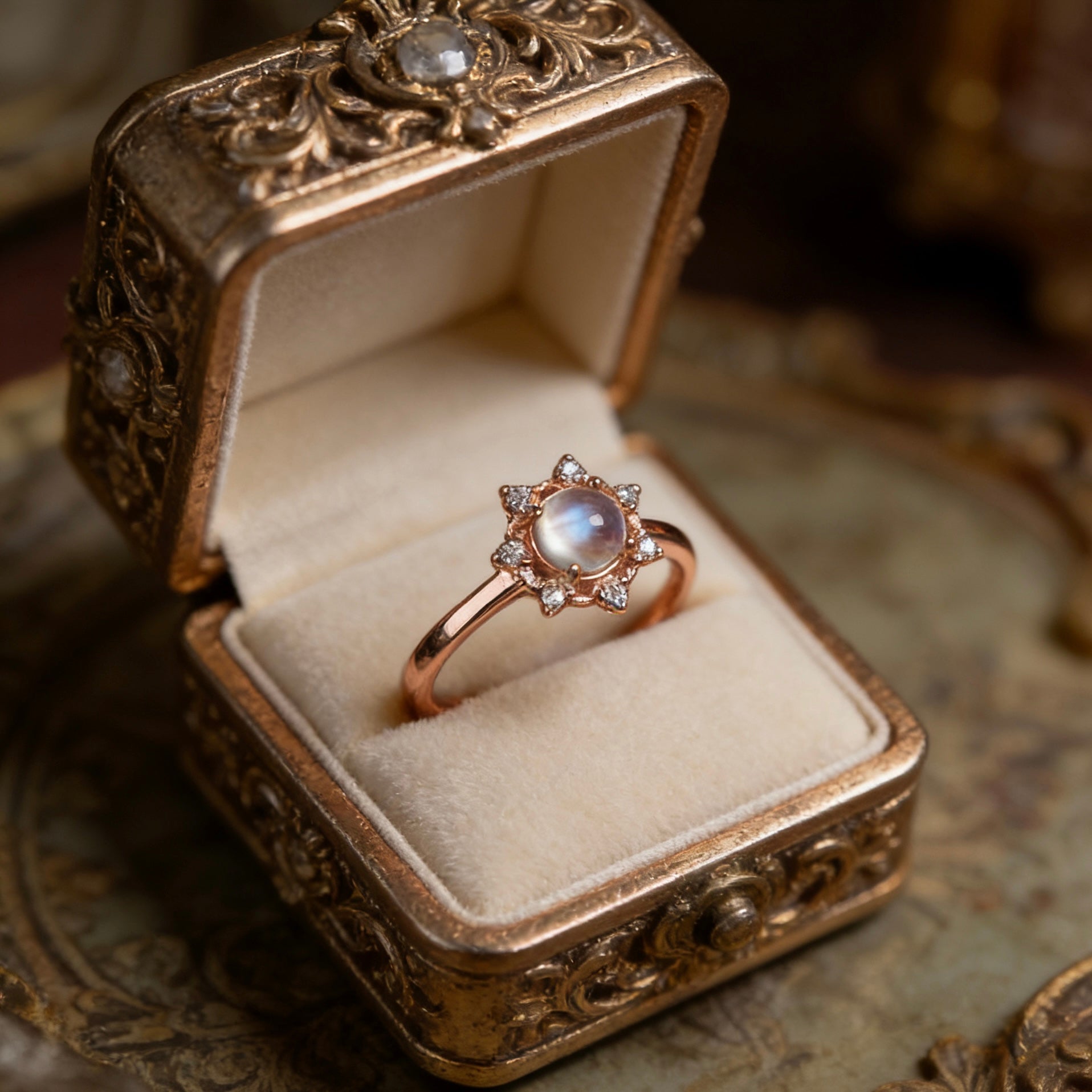Natural Moonstone Snowflake Halo Open Ring