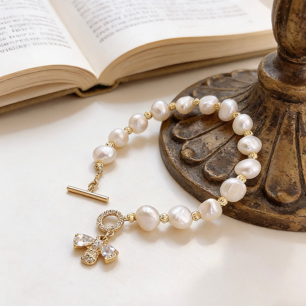 Dainty Baroque Freshwater Pearl Bracelet with Zircon-Encrusted Bee Charm