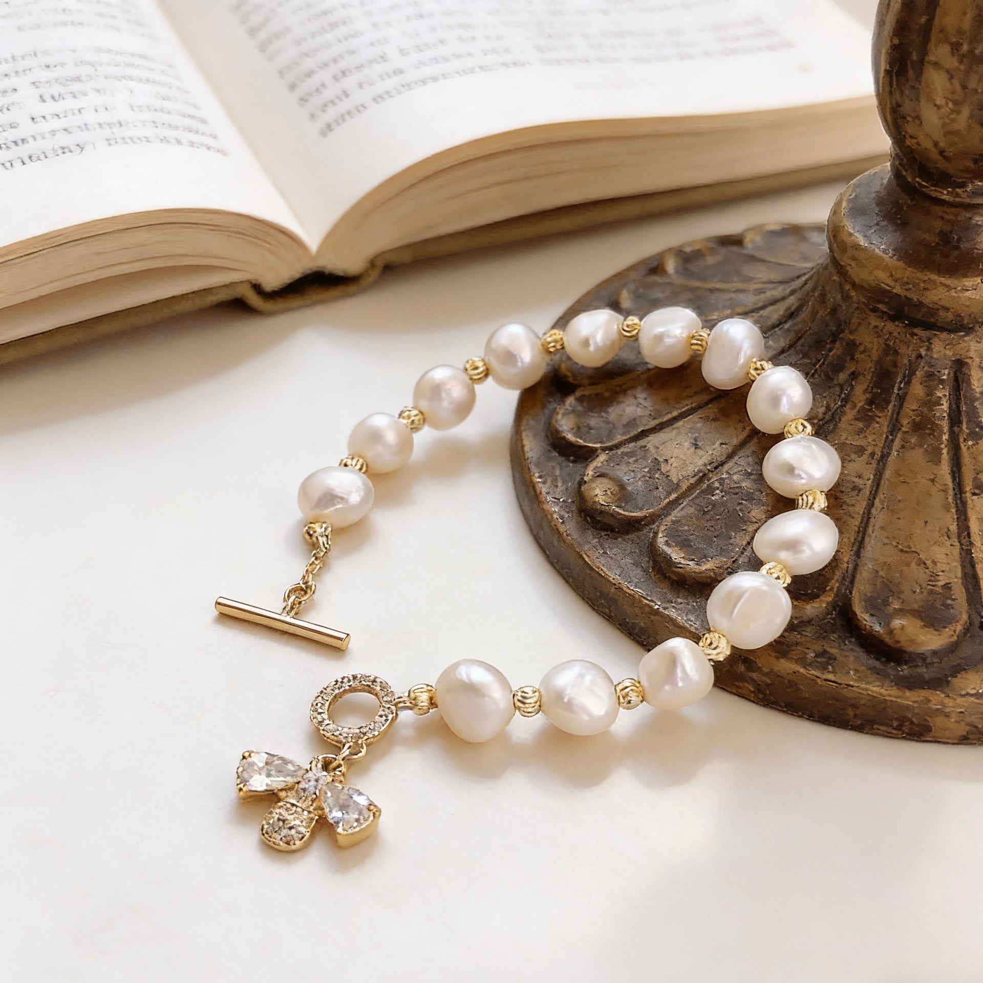 Dainty Baroque Freshwater Pearl Bracelet with Zircon-Encrusted Bee Charm