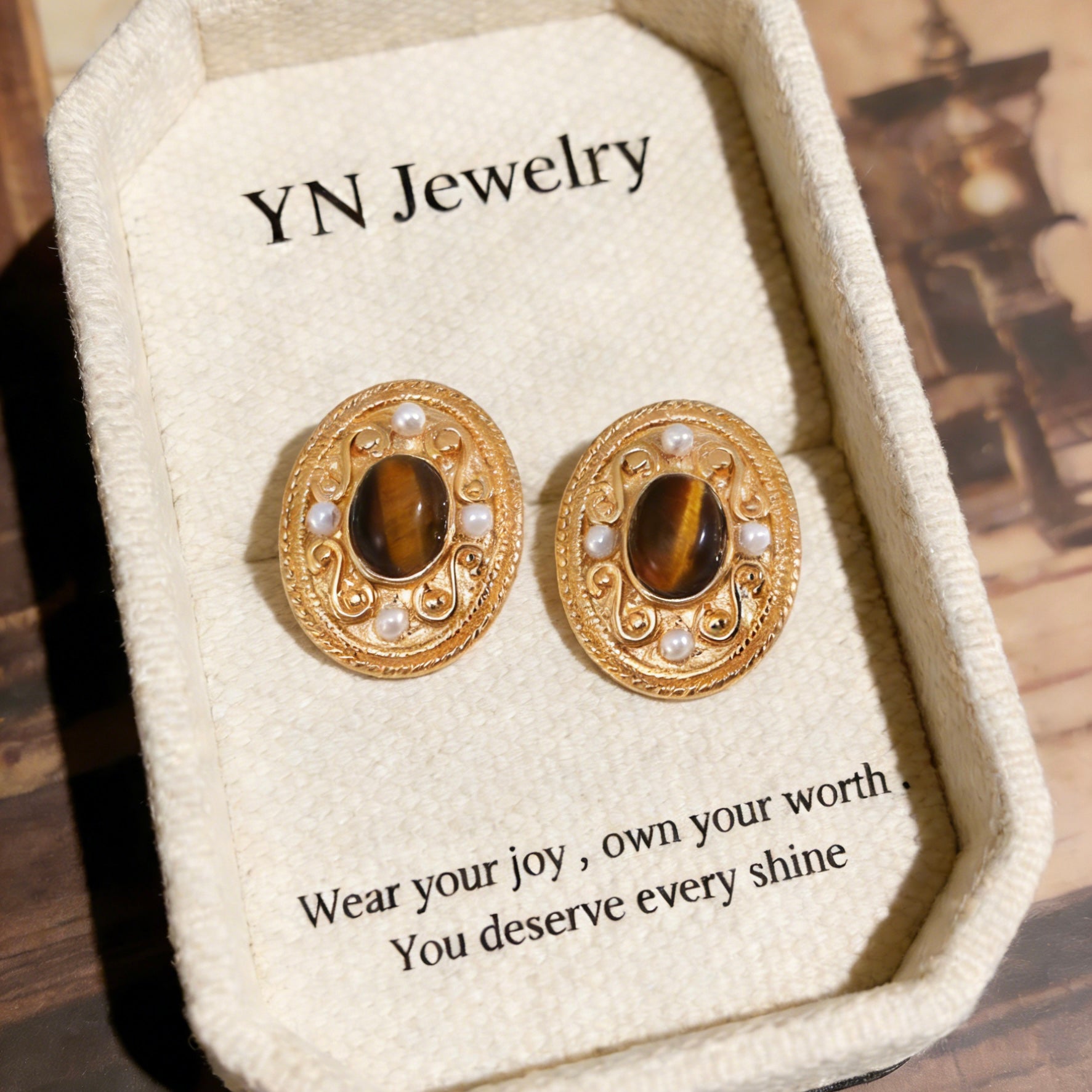 Vintage Gold Filigree Tiger Eye & Natural Pearl Stud Earrings