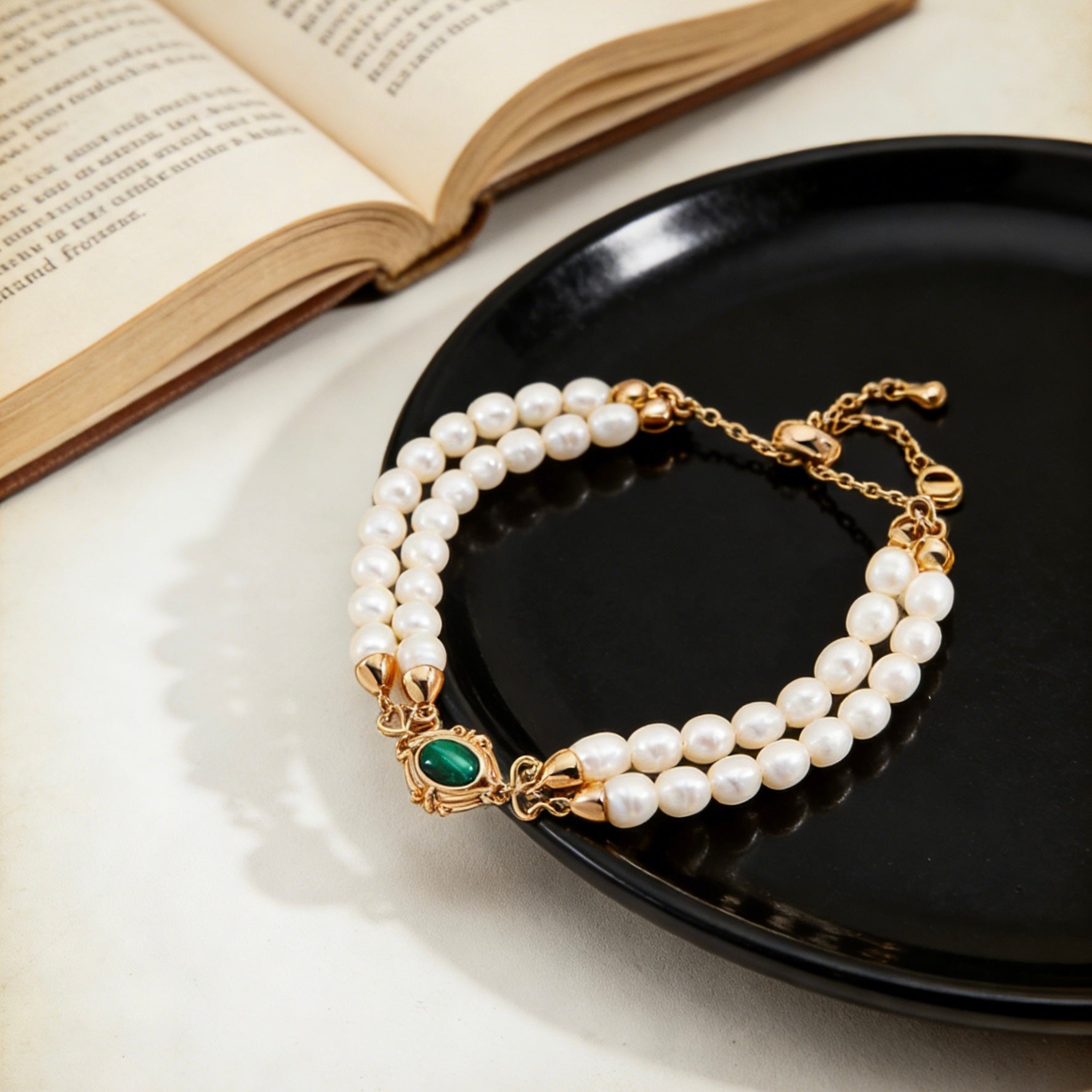 Luxe Layered Natural Pearl & Malachite 925 Silver Bracelet