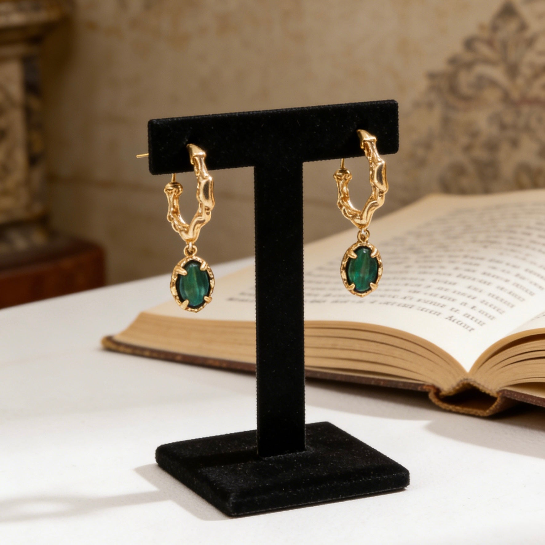 Vintage Textured Gold Hoop Earrings with Malachite Drop