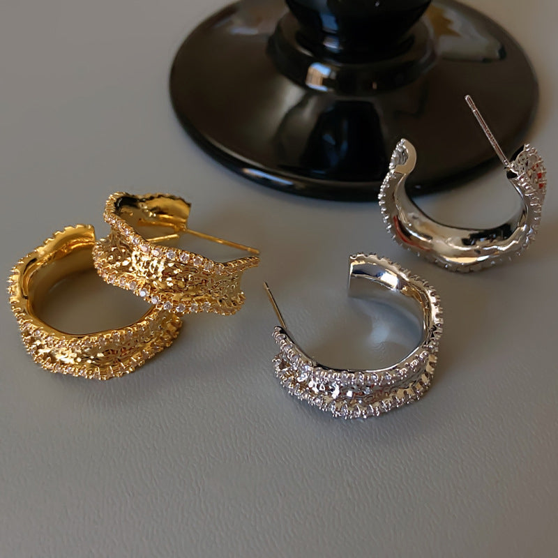 Light Luxury Gold-Plated Platinum-Plated C-Shaped Multi-Zircon Earrings