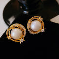 Light Luxury Gold-Plated Ring-Shaped Multi-Zircon Faux Pearl Earrings