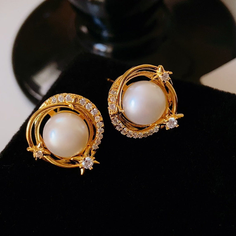 Light Luxury Gold-Plated Ring-Shaped Multi-Zircon Faux Pearl Earrings