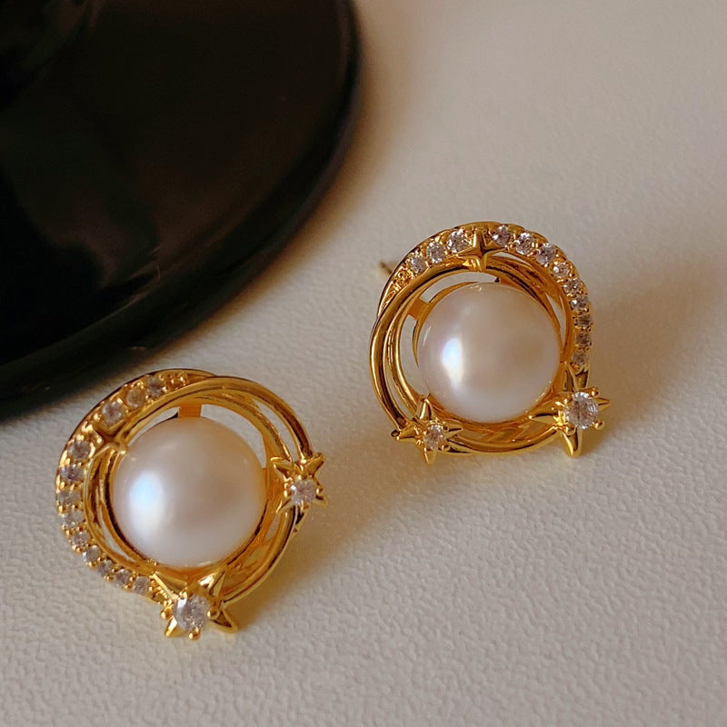 Light Luxury Gold-Plated Ring-Shaped Multi-Zircon Faux Pearl Earrings