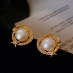 Light Luxury Gold-Plated Ring-Shaped Multi-Zircon Faux Pearl Earrings