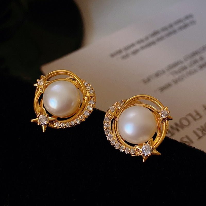 Light Luxury Gold-Plated Ring-Shaped Multi-Zircon Faux Pearl Earrings