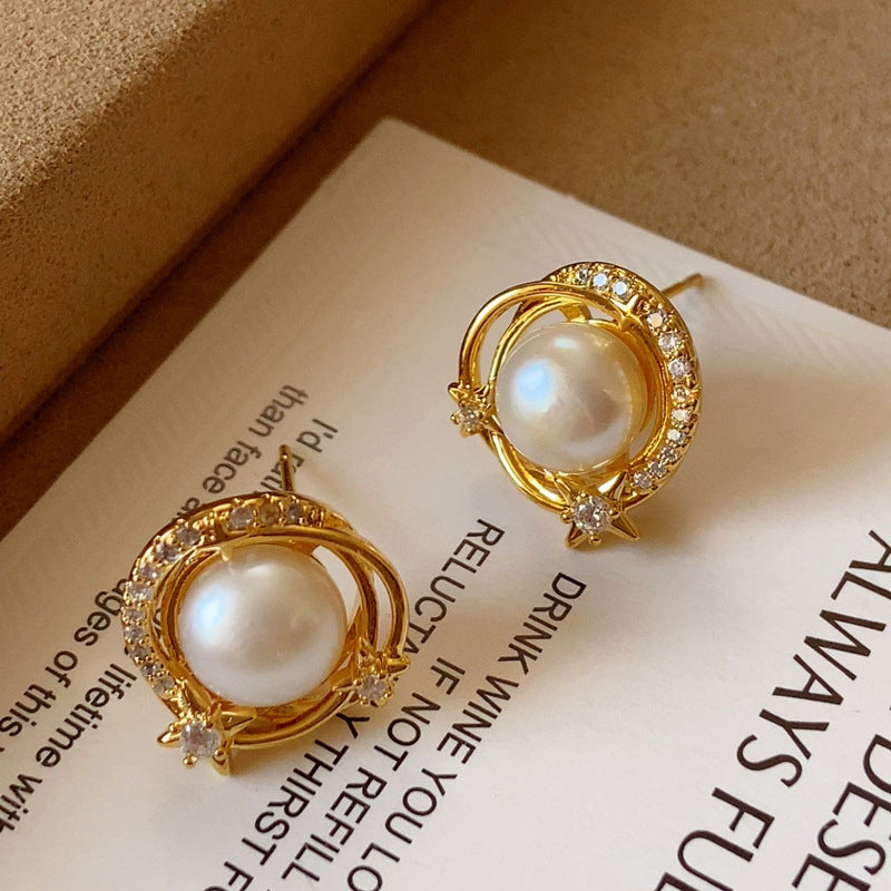 Light Luxury Gold-Plated Ring-Shaped Multi-Zircon Faux Pearl Earrings