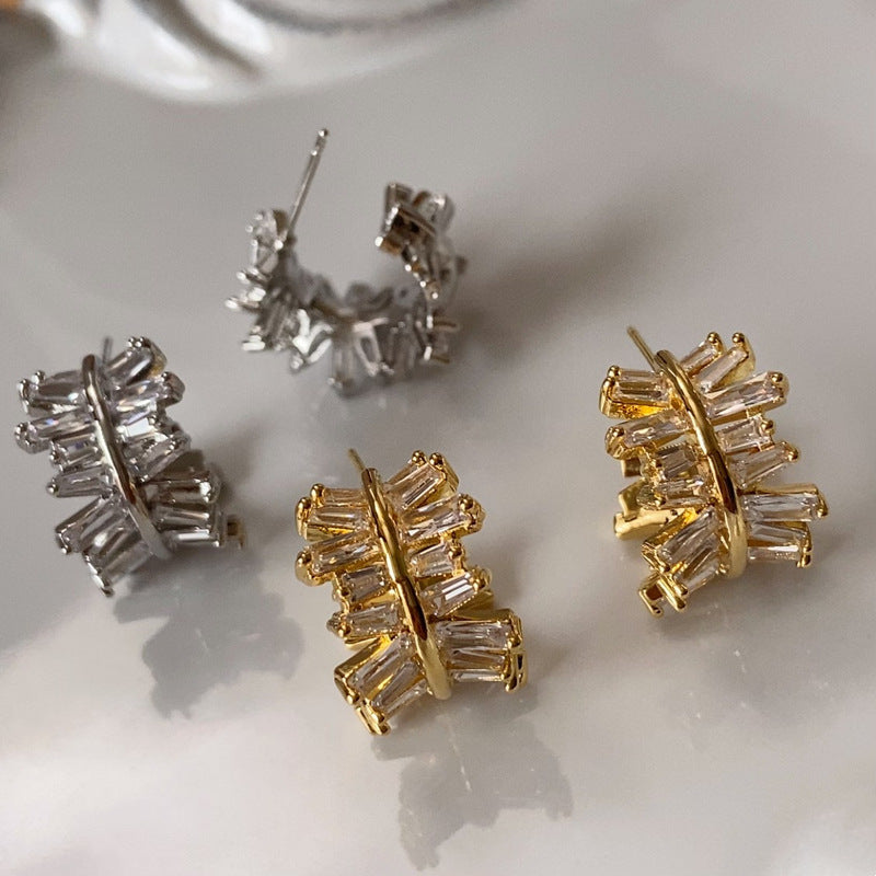 Light Luxury Gold-Plated White-Gold-Plated C-Shaped Multi-Trapezoid Zircon Earrings