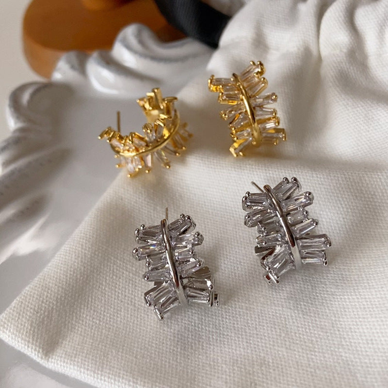 Light Luxury Gold-Plated White-Gold-Plated C-Shaped Multi-Trapezoid Zircon Earrings