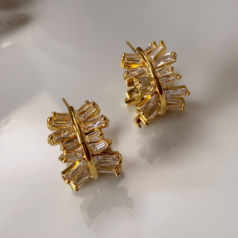 Light Luxury Gold-Plated White-Gold-Plated C-Shaped Multi-Trapezoid Zircon Earrings