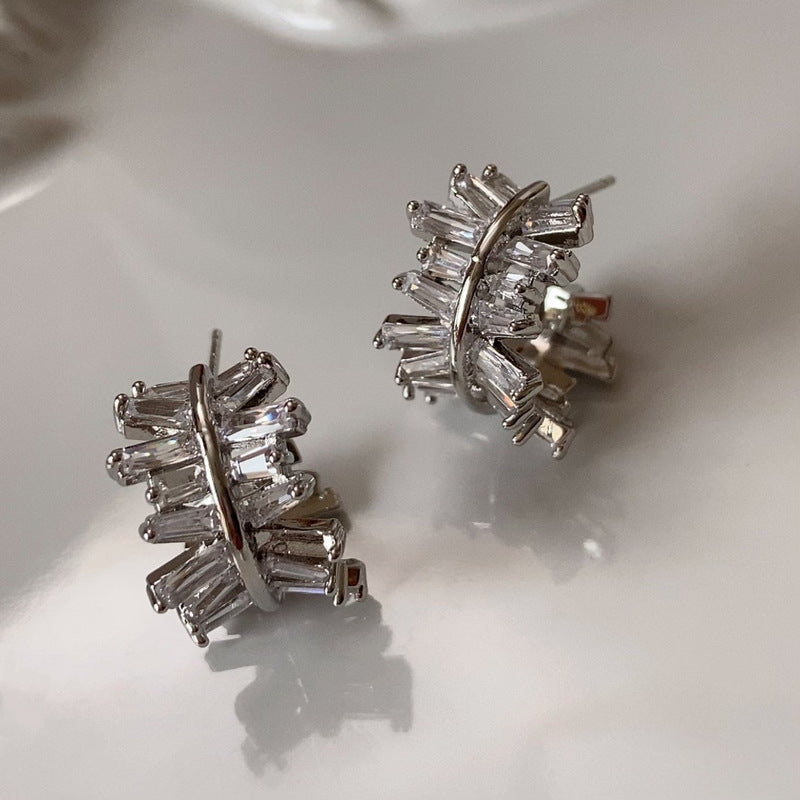 Light Luxury Gold-Plated White-Gold-Plated C-Shaped Multi-Trapezoid Zircon Earrings