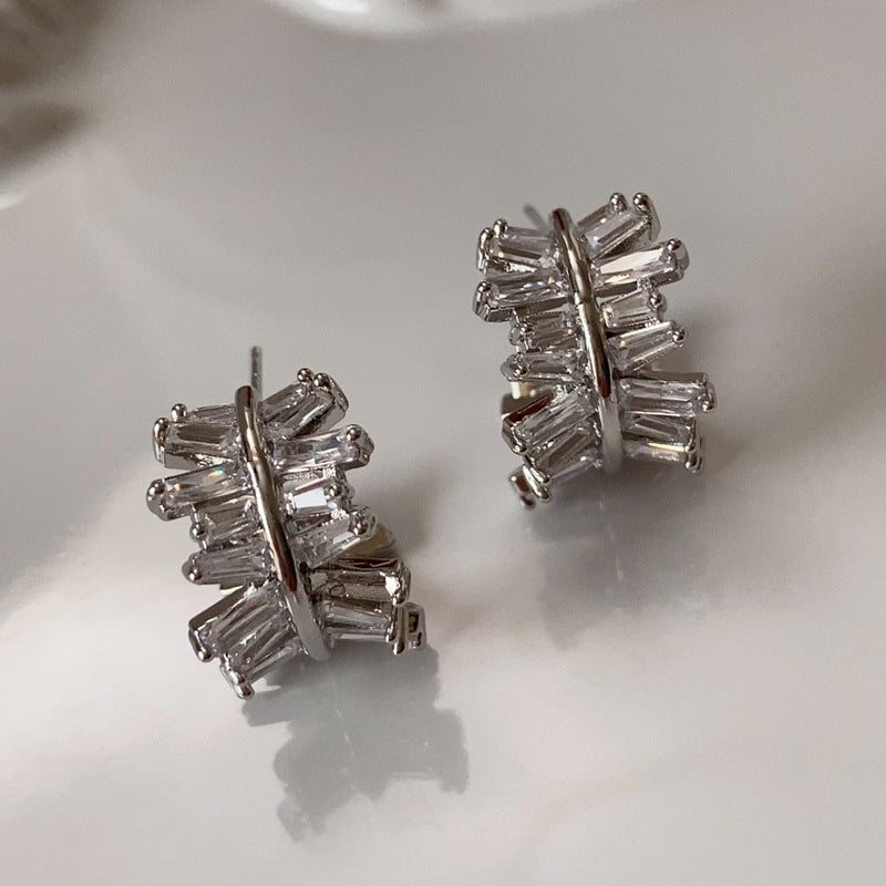 Light Luxury Gold-Plated White-Gold-Plated C-Shaped Multi-Trapezoid Zircon Earrings