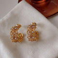 Vintage Gold-Plated C-Shaped Lace-Cut Multi-Faux Pearl Earrings