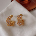 Vintage Gold-Plated C-Shaped Lace-Cut Multi-Faux Pearl Earrings
