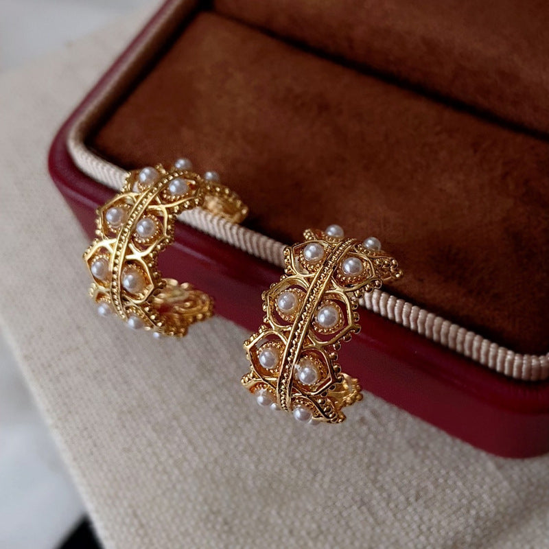 Vintage Gold-Plated C-Shaped Lace-Cut Multi-Faux Pearl Earrings