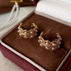 Vintage Gold-Plated C-Shaped Lace-Cut Multi-Faux Pearl Earrings
