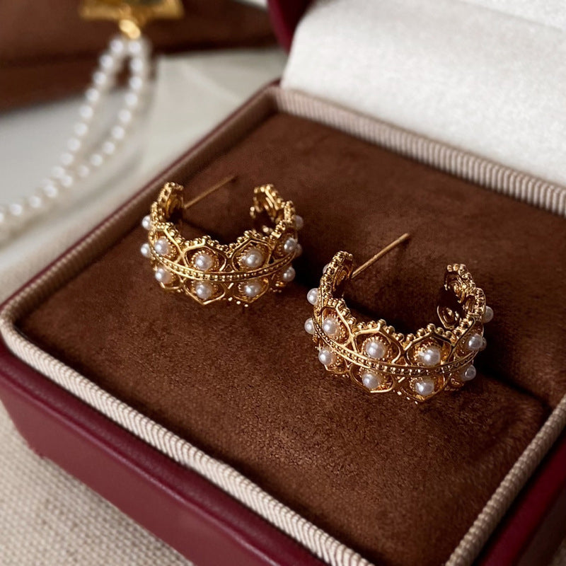 Vintage Gold-Plated C-Shaped Lace-Cut Multi-Faux Pearl Earrings