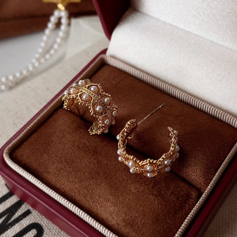 Vintage Gold-Plated C-Shaped Lace-Cut Multi-Faux Pearl Earrings