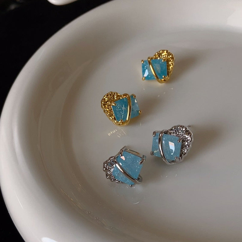 Luxury S925 Gold-Plated Platinum-Plated Lake Blue Lava-Textured Gemstone Earrings
